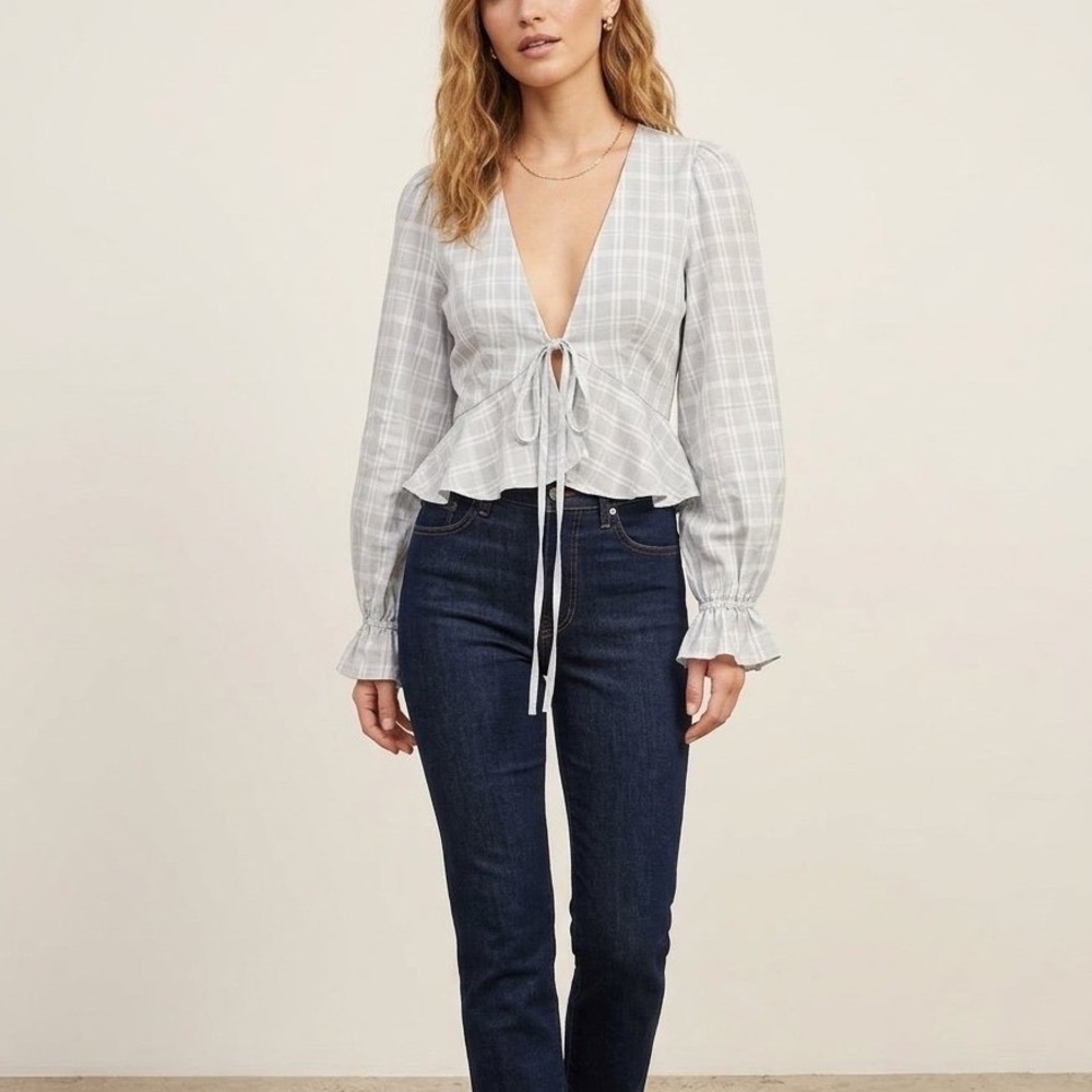 Mable Light Blue Plaid Tie Front Peplum Top Long Puff Sleeve V-Neck Blouse S